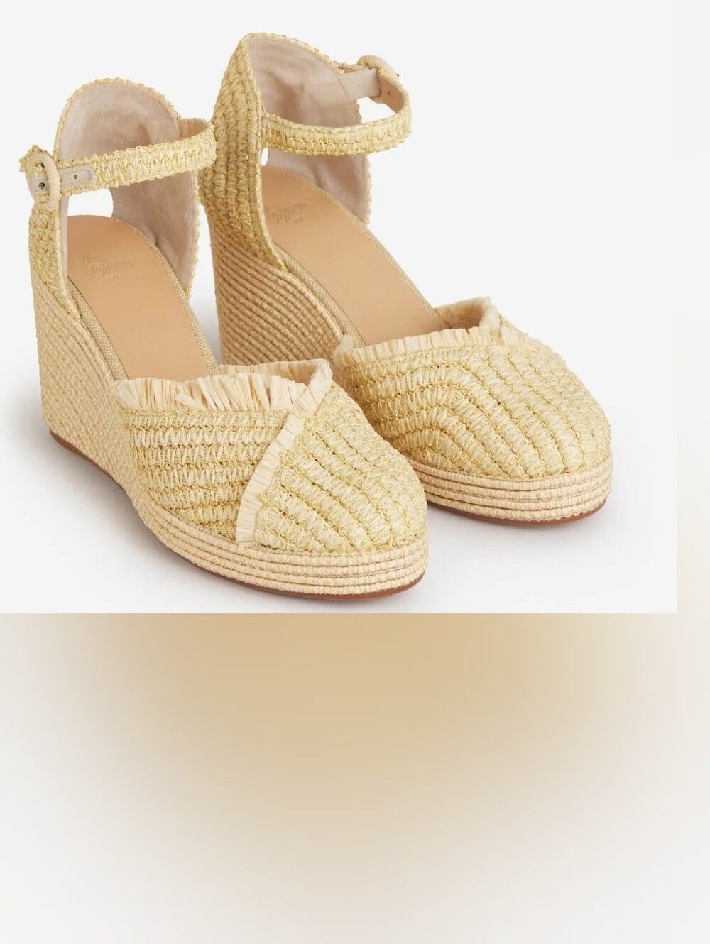 Castañer Raffia Ankle Strap Wedge Espadrilles Women 38 Cream Natural Spain